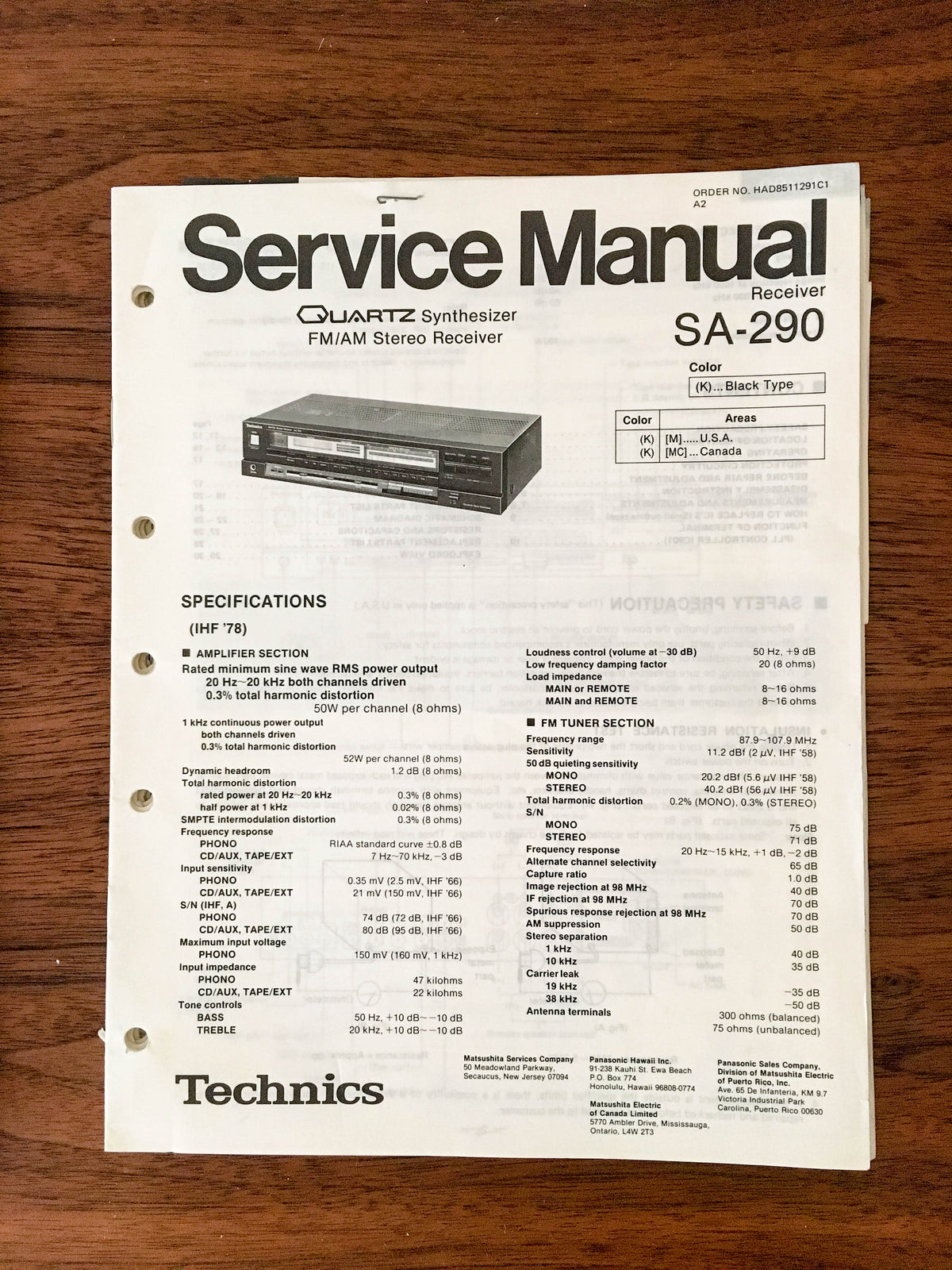 Technics SA-290 Receiver Service Manual *Original*
