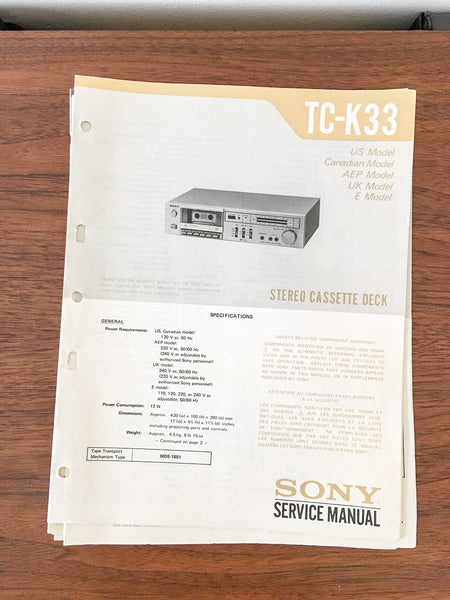 Sony TC-K33 Cassette Service Manual *Original*