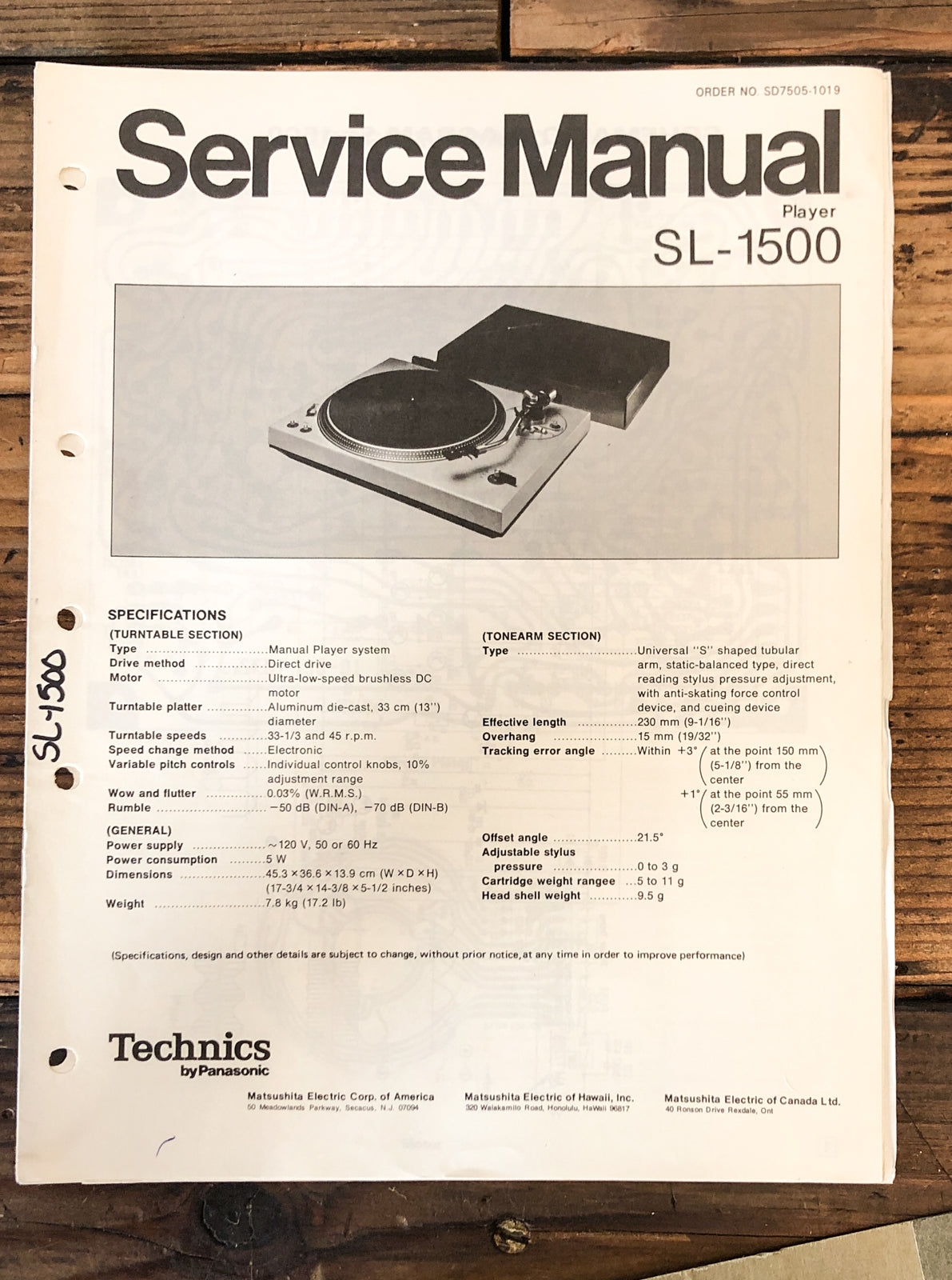 Technics SL-1500 Record Player / Turntable  Service Manual *Original*