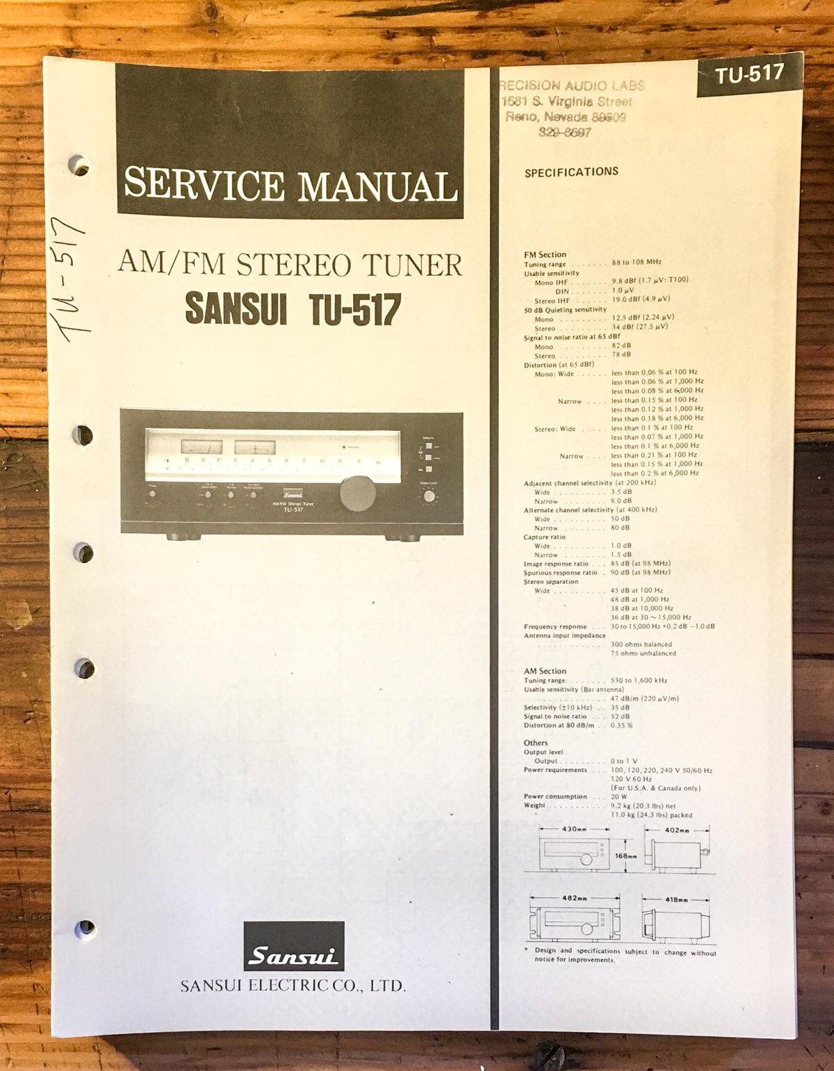Sansui TU-517 Tuner Service Manual *Original*