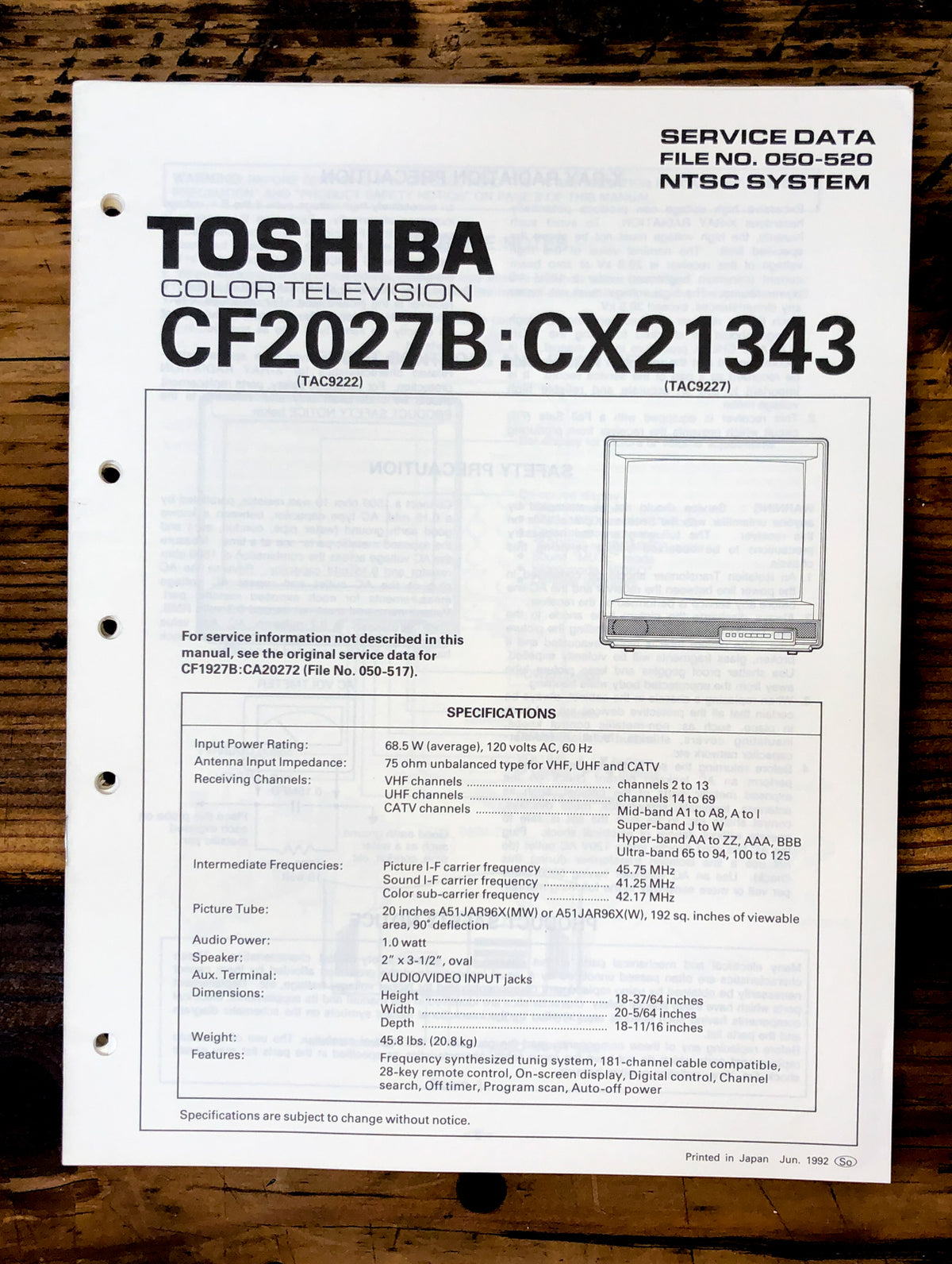 Toshiba CF2027B CX21343 TV  Service Manual *Original*