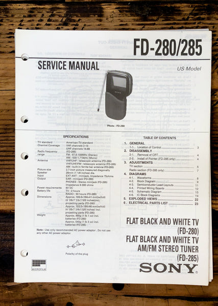 Sony FD-280 FD-285 Watchman TV  Service Manual *Original*