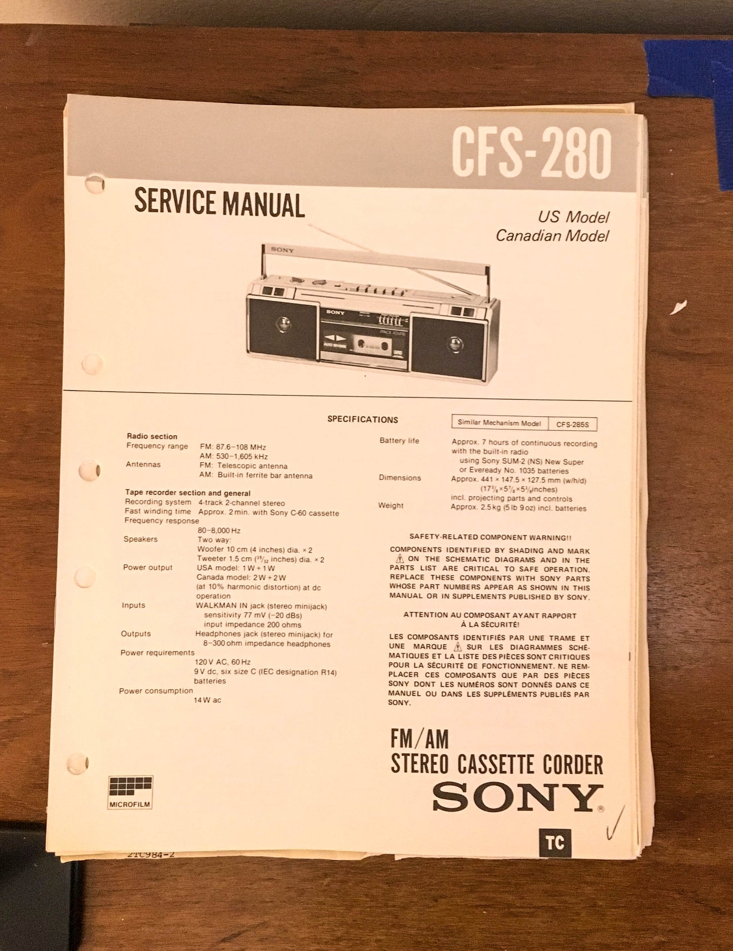 Sony CFS-280 Radio Cassette Recorder / Boombox Service Manual *Original*