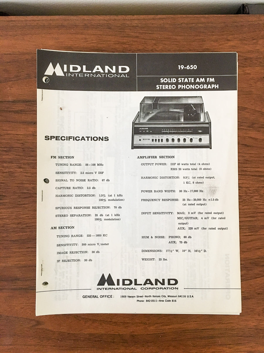 Midland 19-650 Stereo Phonograph Service Manual *Original*