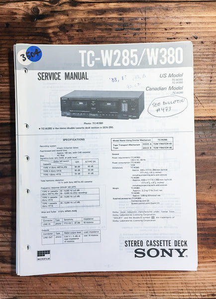 Sony TC-W285 TC-W380 Cassette Deck  Service Manual *Original*