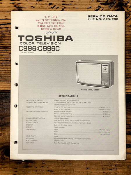 Toshiba C996 C996C TV / Television Service Manual *Original*