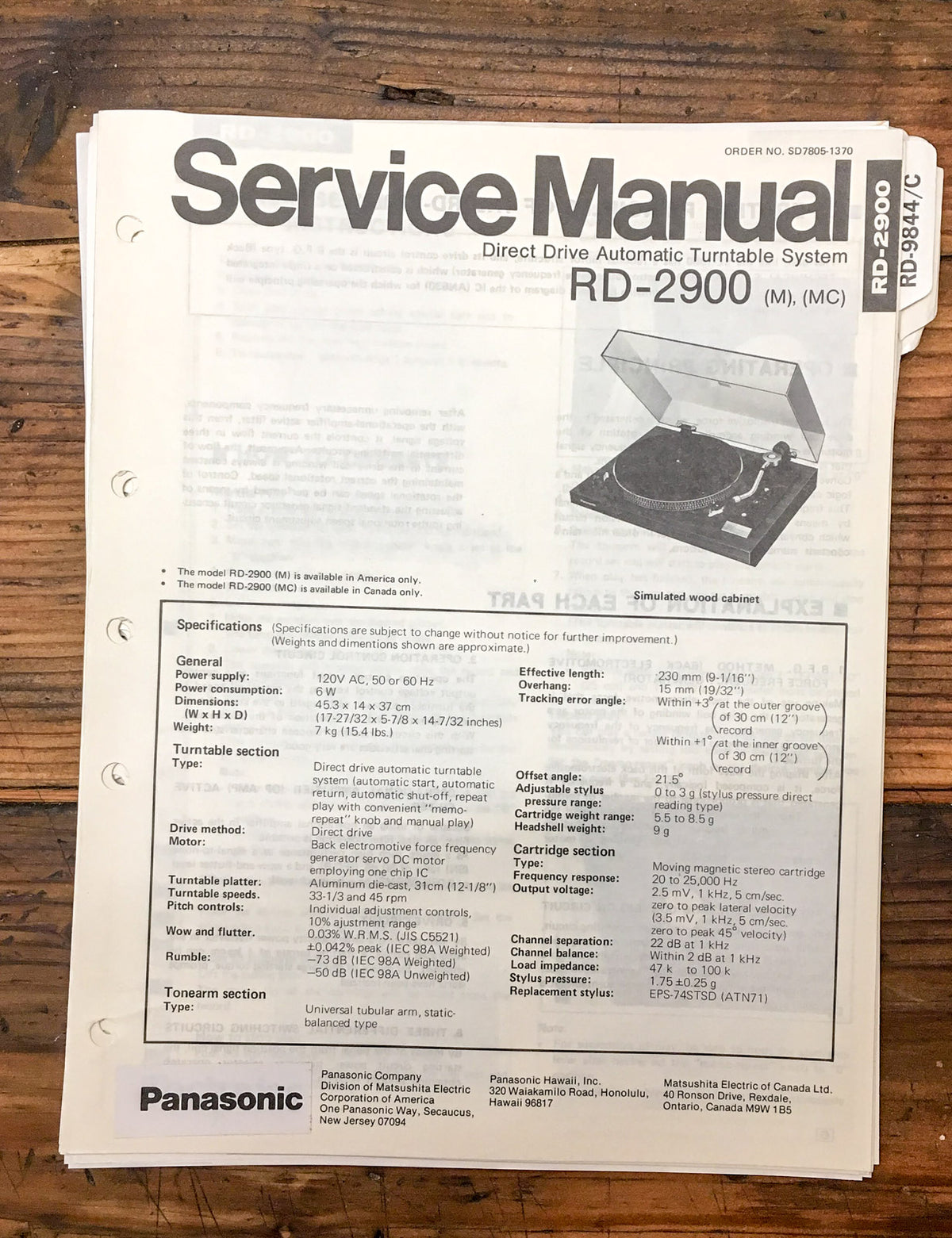 Panasonic RD-2900 Record Player  Service Manual *Original*