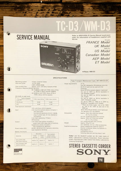 Sony WM-D3 WM-D3 Cassette  Service Manual *Original*