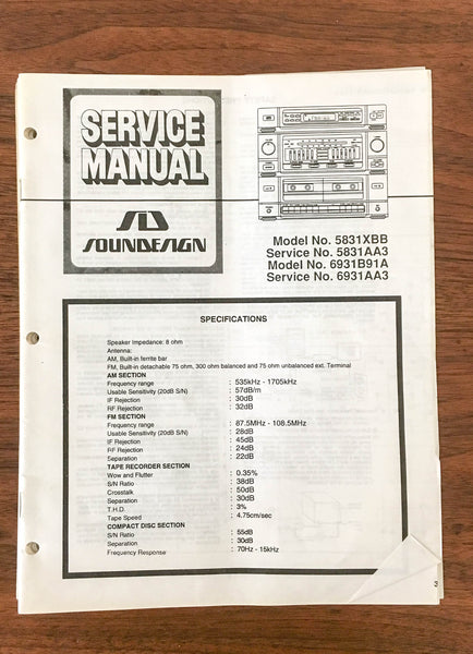 SoundDesign Sound Design Model 5831XBB 5831AA3 6931  Service Manual *Original*