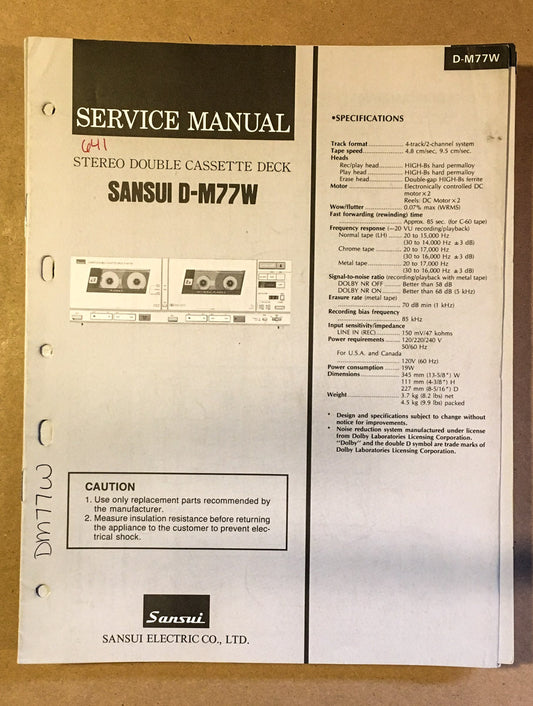 Sansui D-M77W Cassette / Tape Player Service Manual *Original* #1