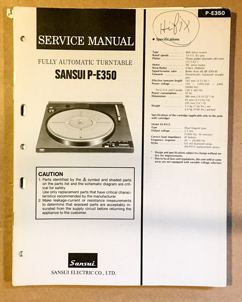 Sansui P-E350 Record Player / Turntable Service Manual *Original* #1