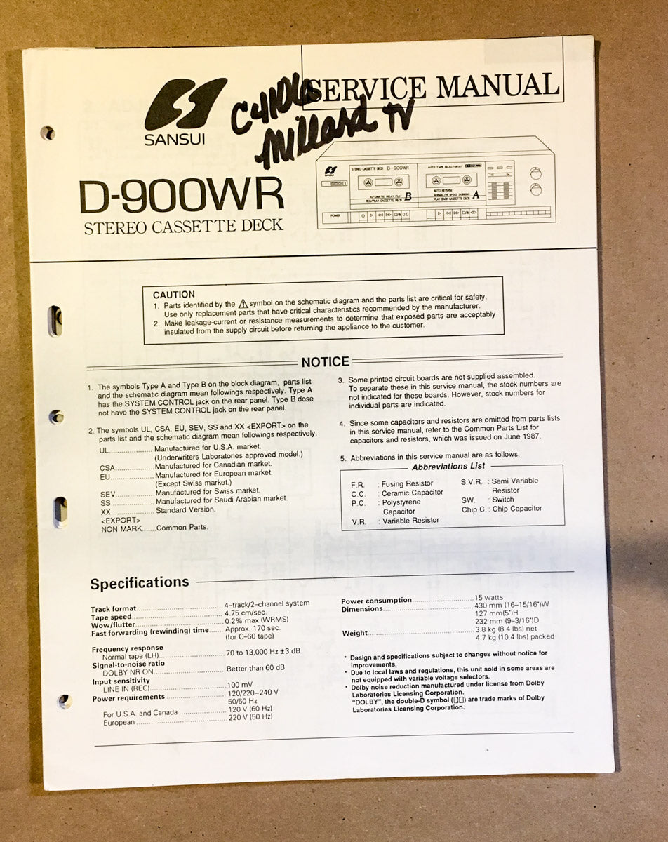 Sansui D-900WR Cassette / Tape Player Service Manual *Original* #1
