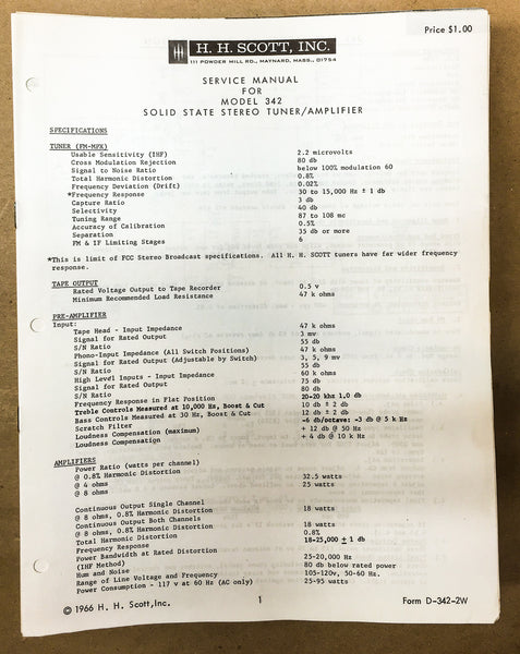 H.H. Scott Model 342 Receiver Service Bulletin *Original*