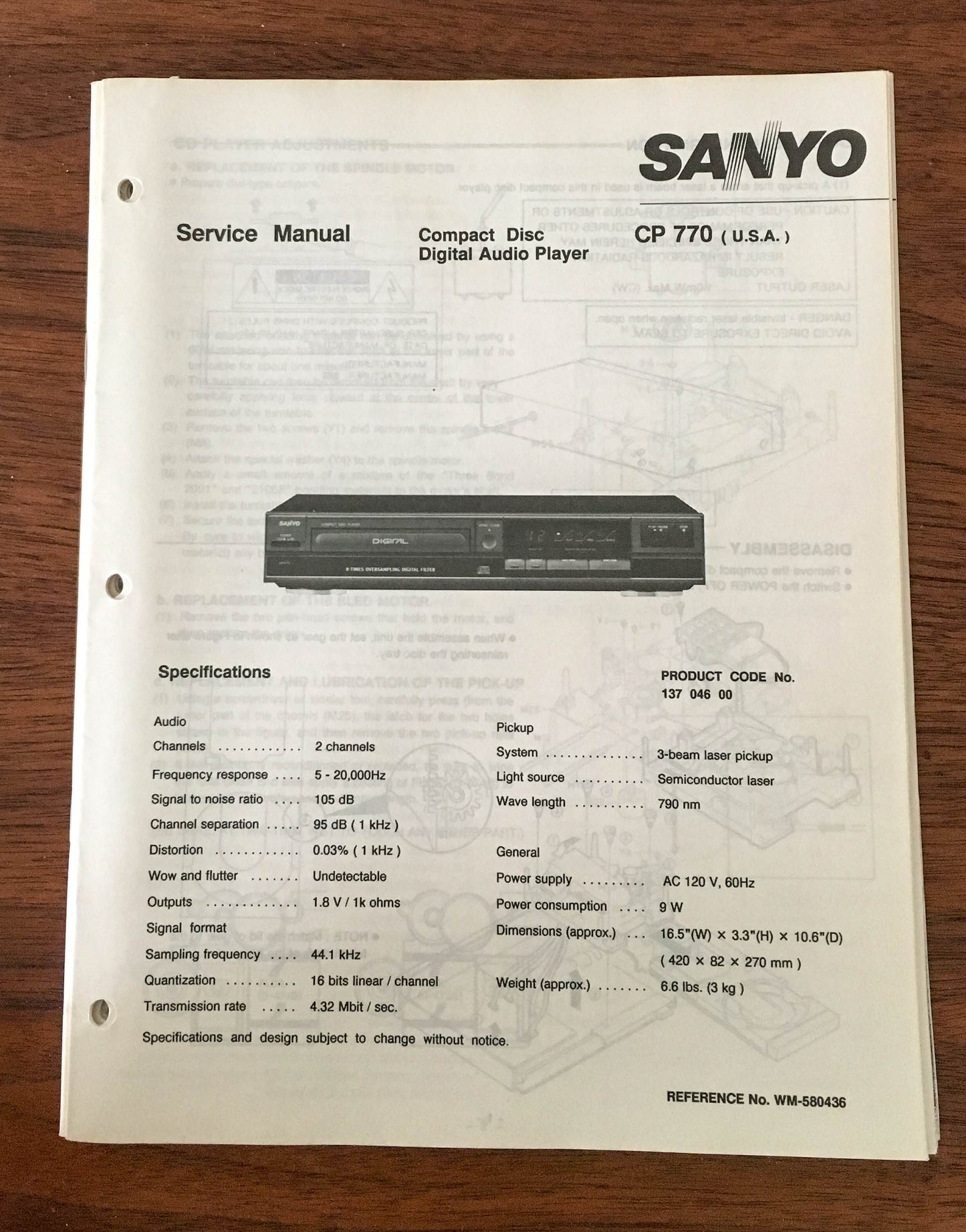 Sanyo CP 770 CD PLAYER Service Manual *Original*