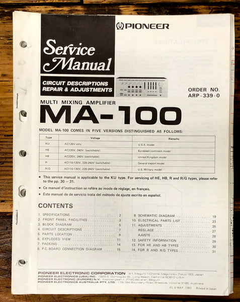 Pioneer MA-100 Amplifier Service Manual *Original*