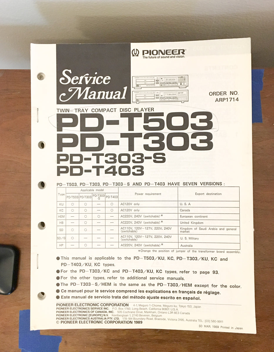 Pioneer PD-T503 PD-T303 PD-T403 CD Player Service Manual *Original* #2