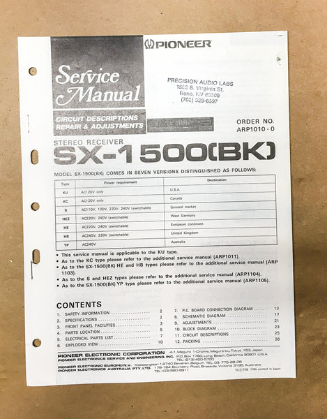 Pioneer SX-1500 Receiver Service Manual *Original*