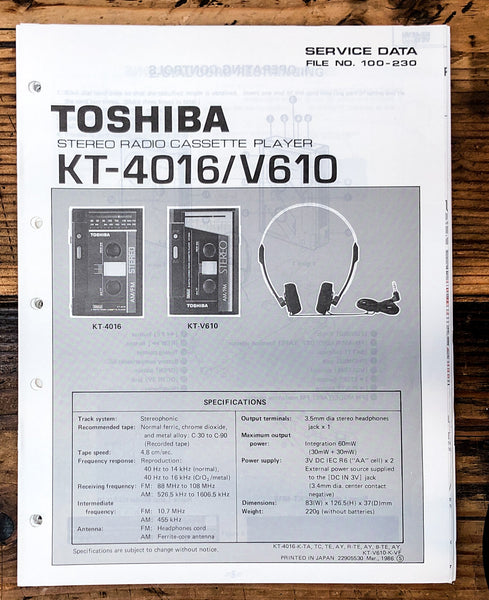 Toshiba KT-4016 KT-V610 Cassette Player Service Manual *Original*