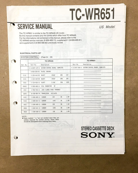Sony TC-WR651 Cassette Service Manual *Original*