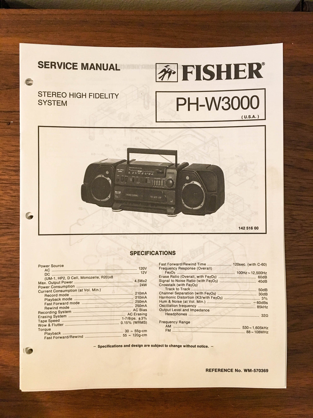 Fisher PH-W3000 Boombox Radio Service Manual *Original*