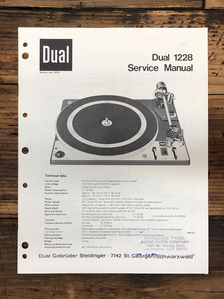 Dual Model 1228 Record Player / Turntable  Service Manual *Original*