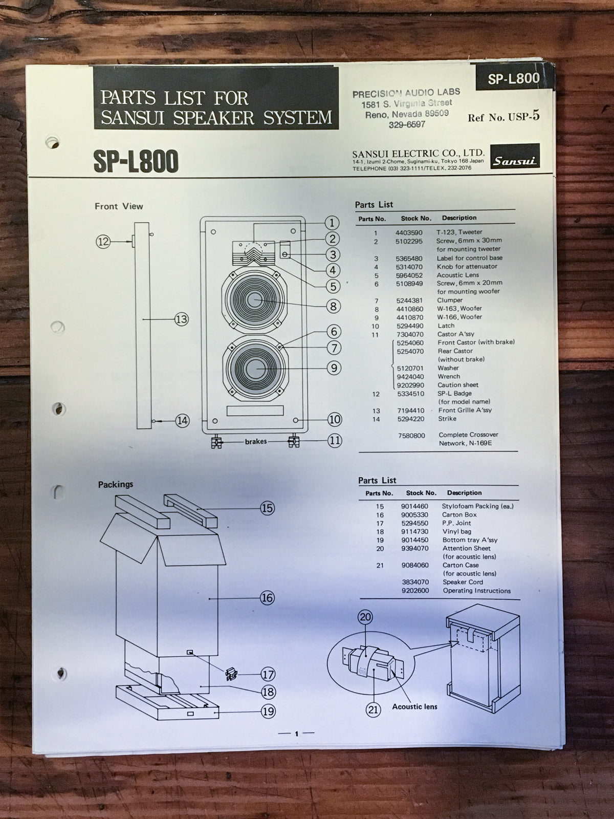 Sansui SP-L800 Speaker Parts List Manual *Original*