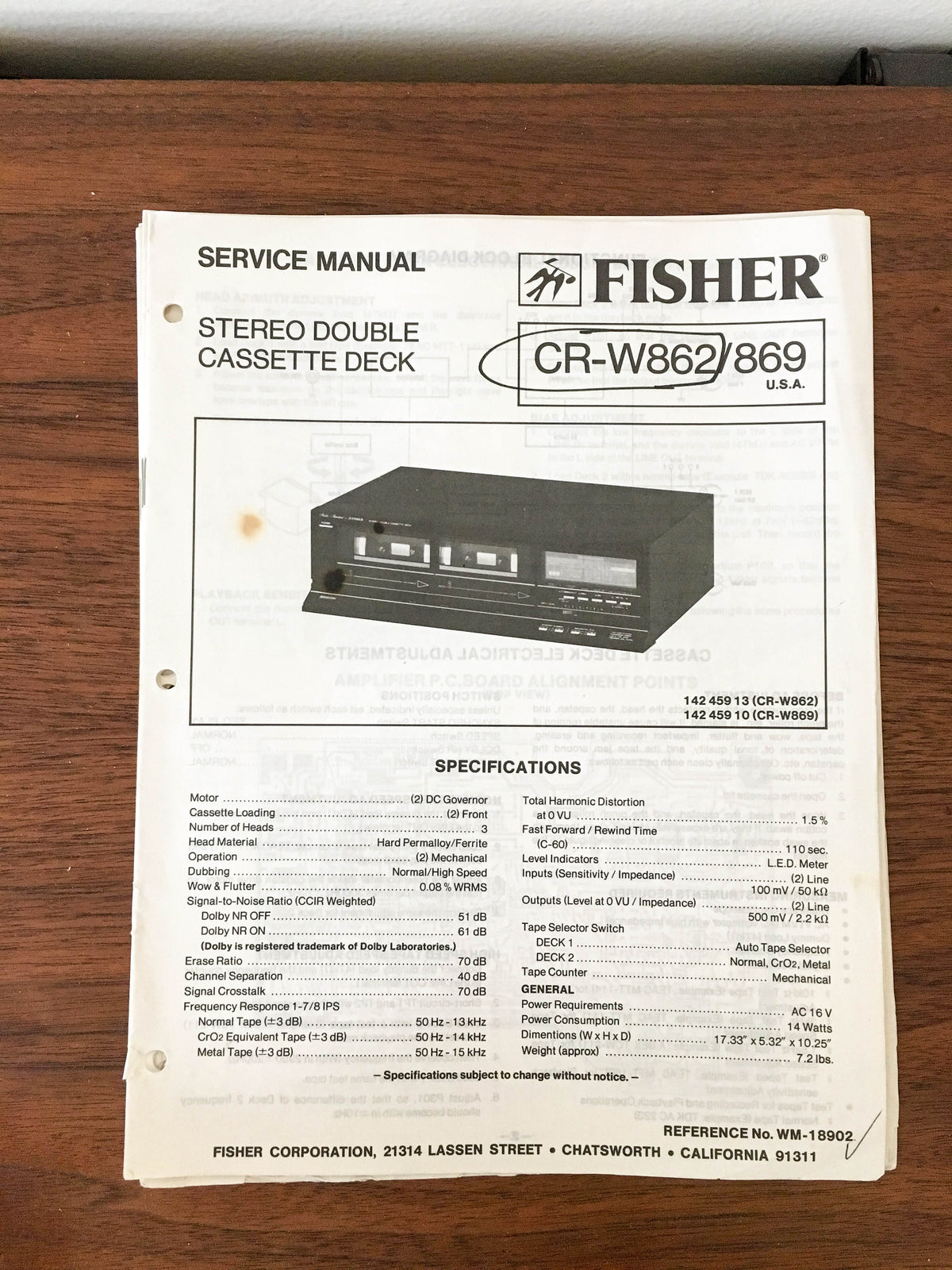 Fisher CR-W862 CR-W869 Cassette Service Manual *Original*