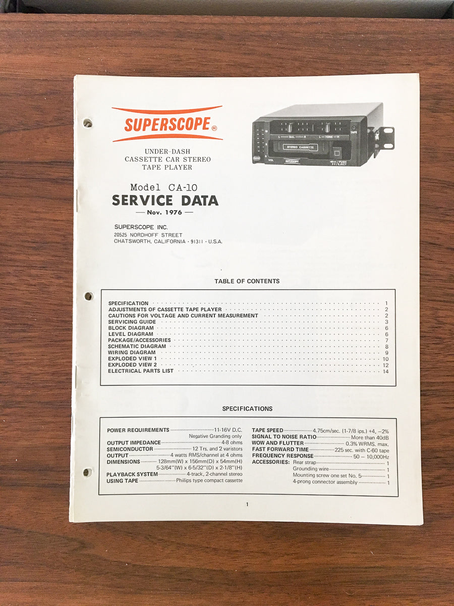 Superscope CA-10 Cassette Player Service Manual *Original*