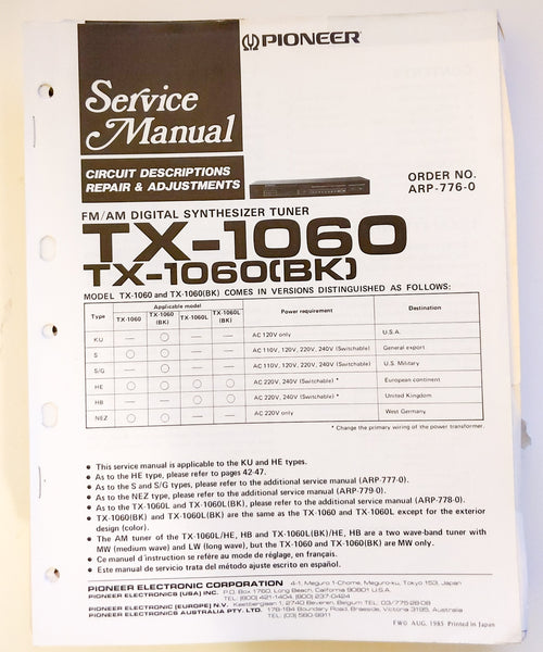 Pioneer TX-1060 Tuner Service Manual *Original*