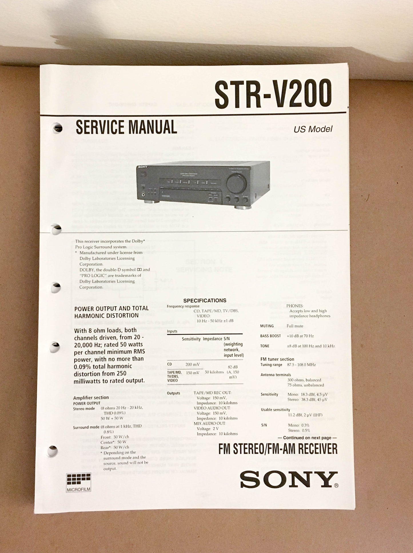Sony STR-V200 Receiver  Service Manual *Original*