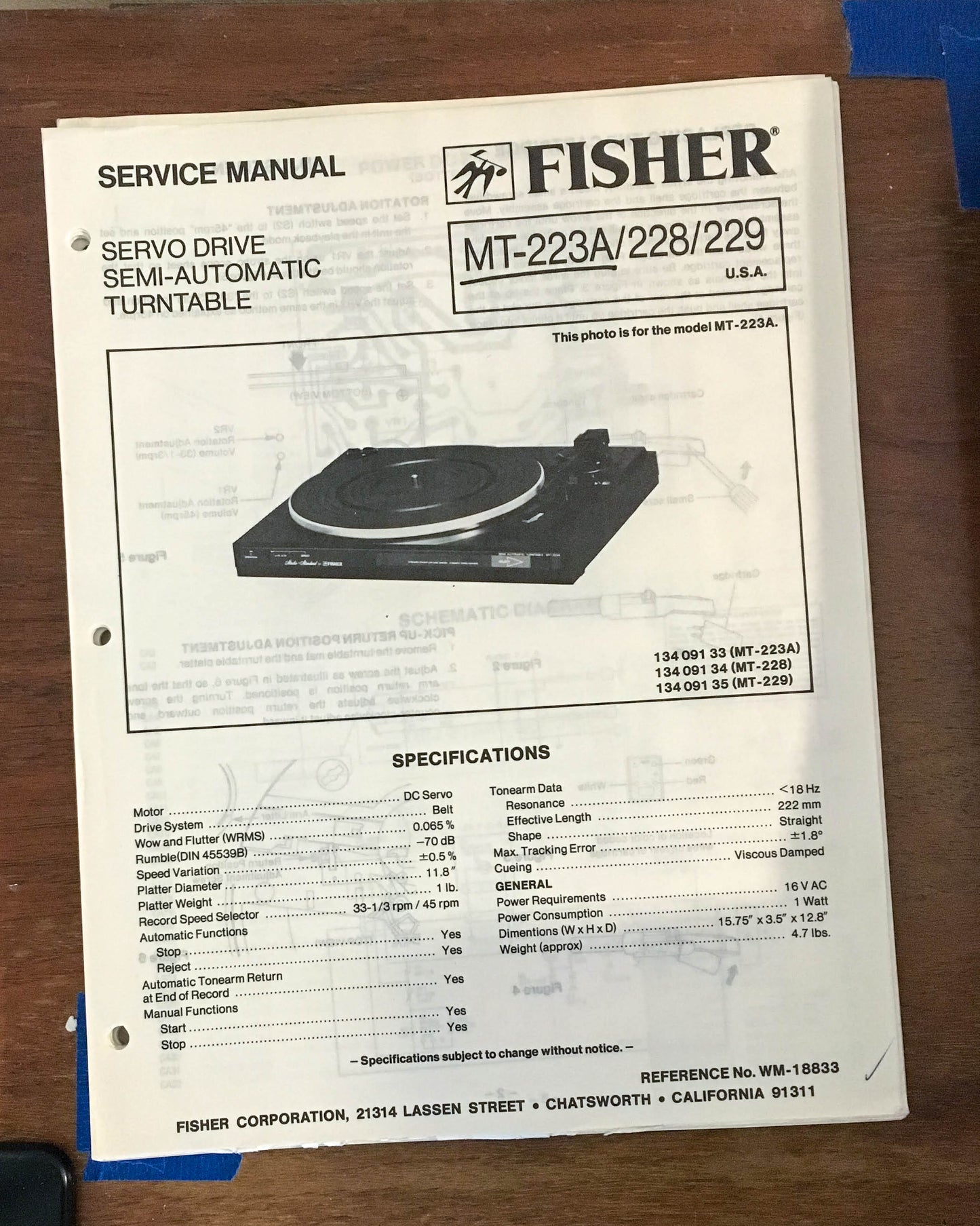 Fisher MT-223A MT-228 MT-229 Record Player / Turntable Service Manual *Original*