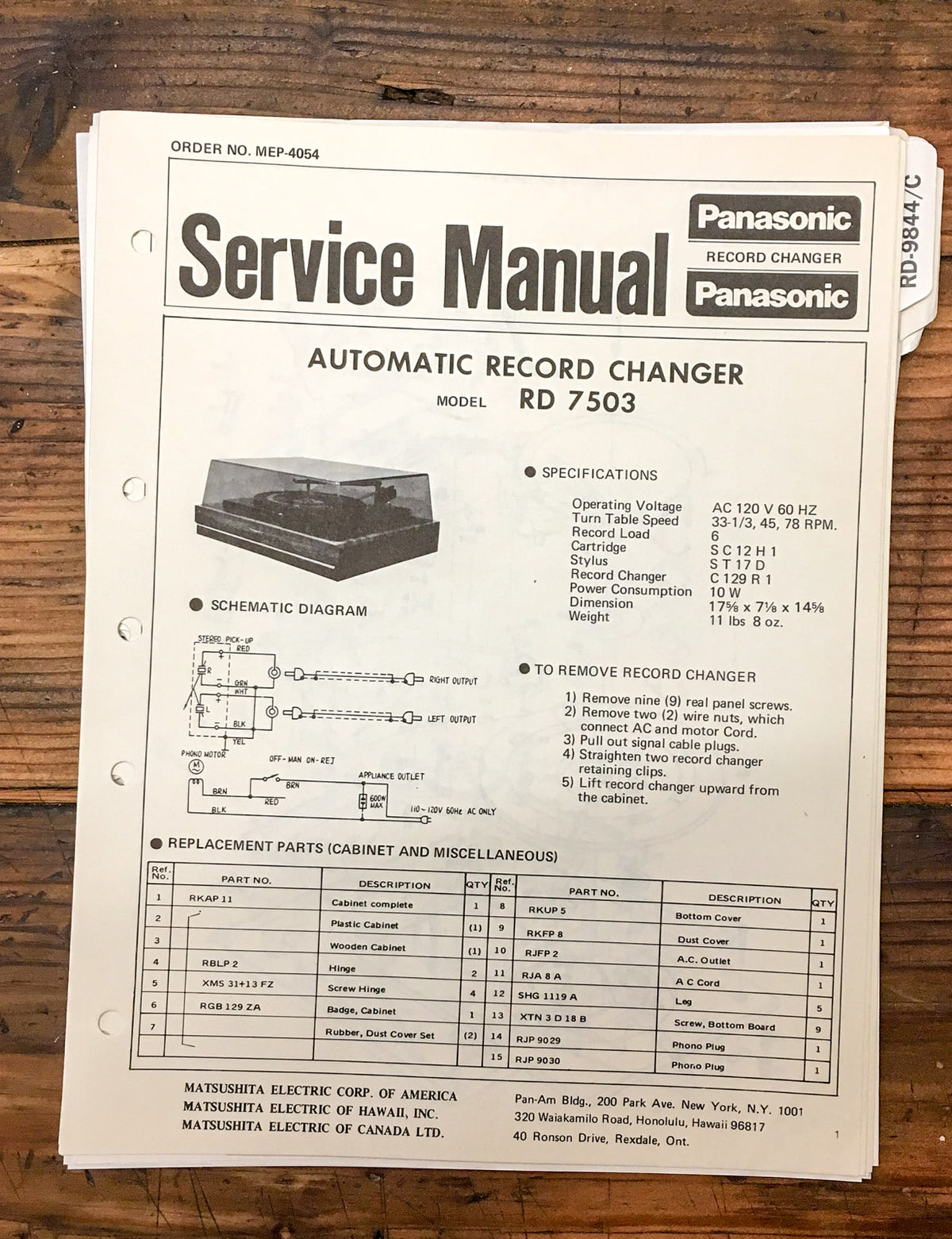 Panasonic RD-7503 Record Player  Service Manual *Original*