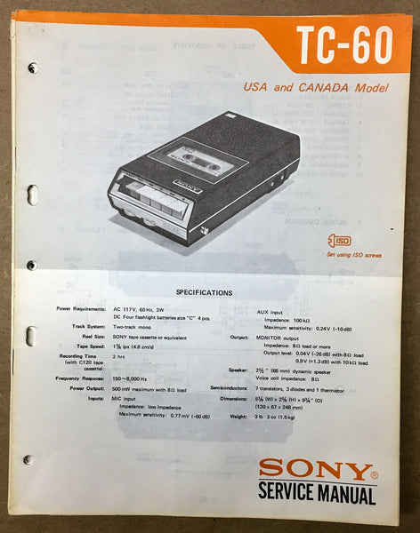 Sony TC-60 Cassette Tape Player Service Manual *Original*