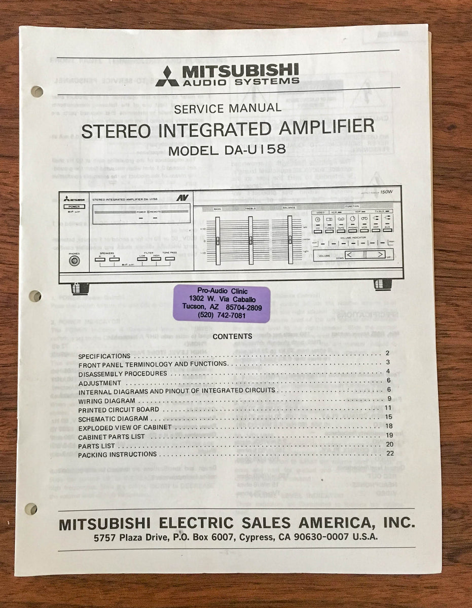 Mitsubishi DA-U158 Stereo Amplifier Service Manual *Original* – Vintage ...