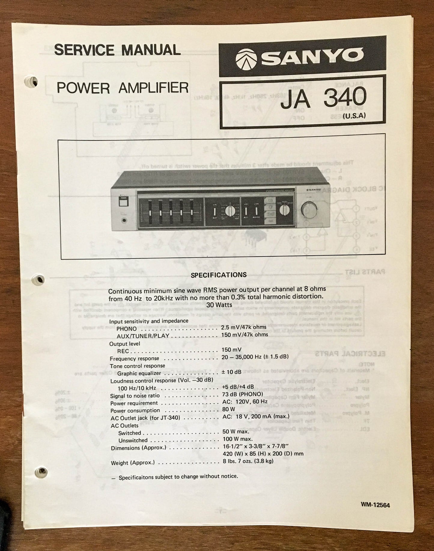 Sanyo JA 340 Amplifier Service Manual *Original*
