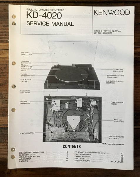 Kenwood KD-4020 Record Player / Turntable Service Manual *Original*