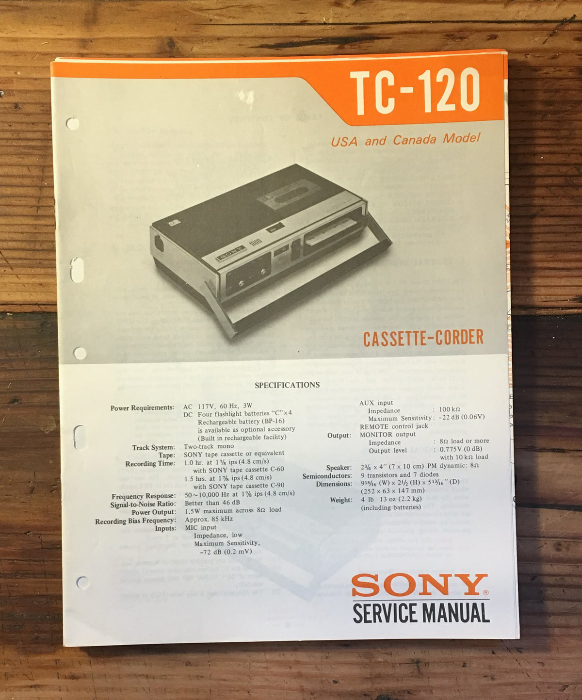 Sony TC-120 Tape Player Service Manual *Original*