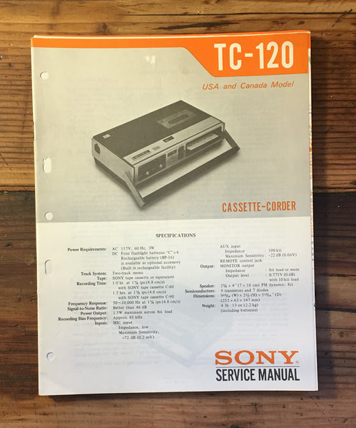 Sony TC-120 Tape Player Service Manual *Original*