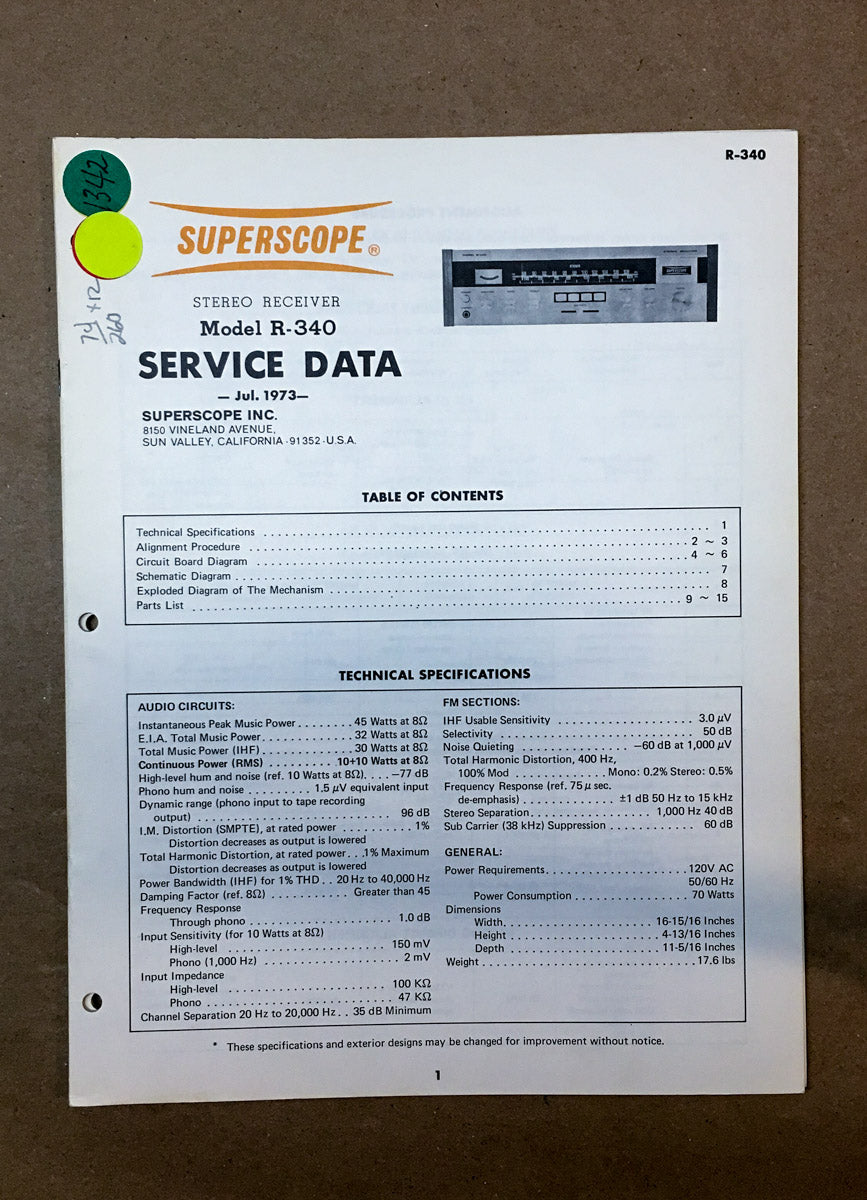 Superscope R-340 Receiver  Service Manual *Original*