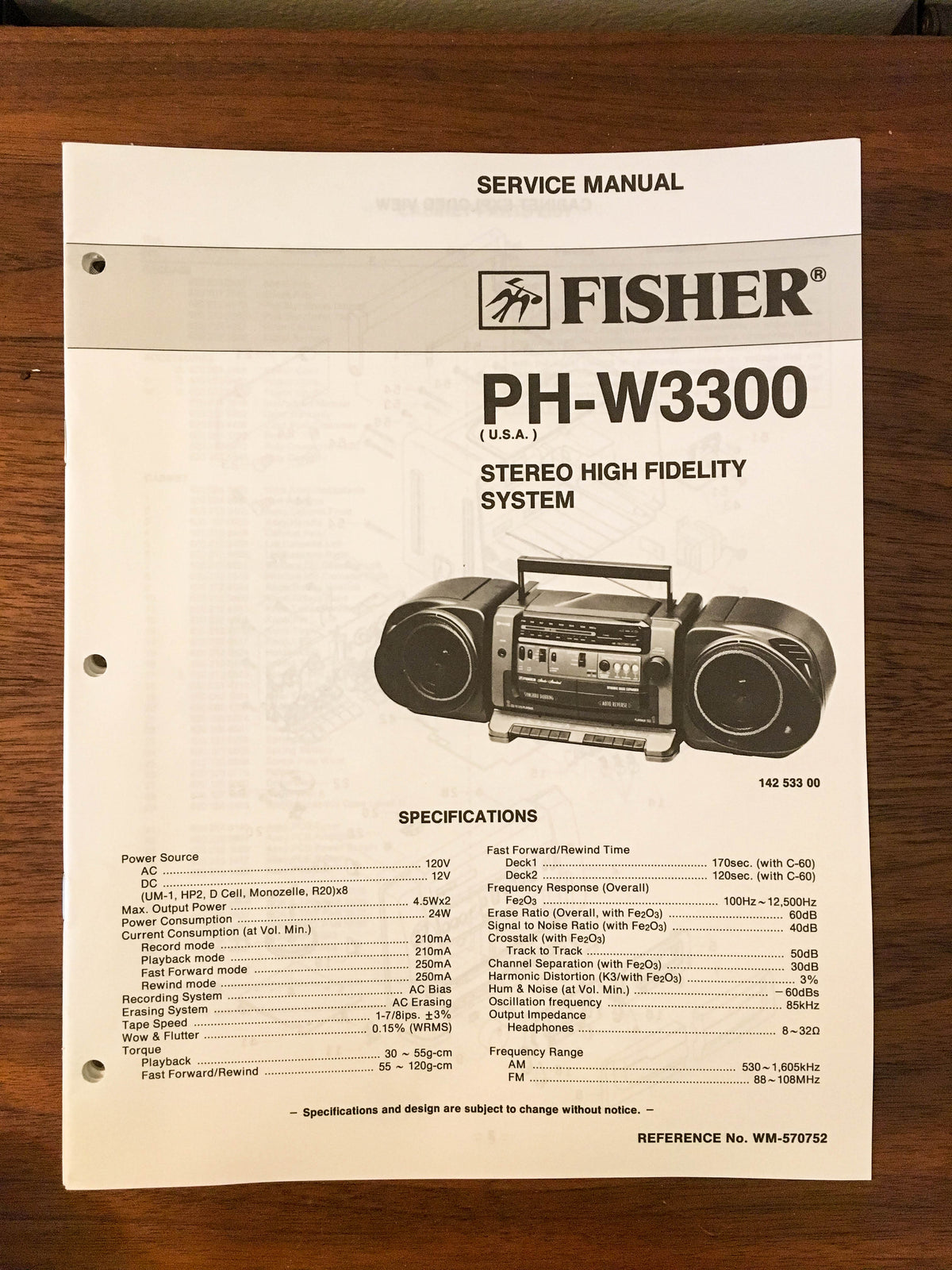 Fisher PH-W3300 Boombox Radio Service Manual *Original*