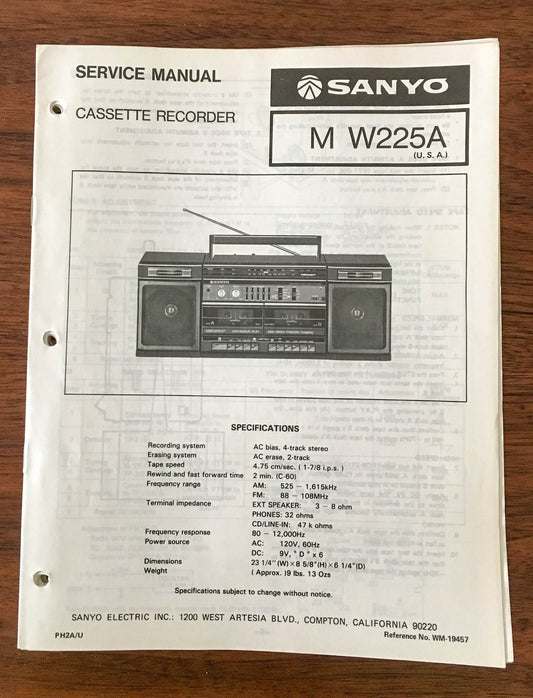 Sanyo M W225A Boombox / Radio Cassette Service Manual *Original*