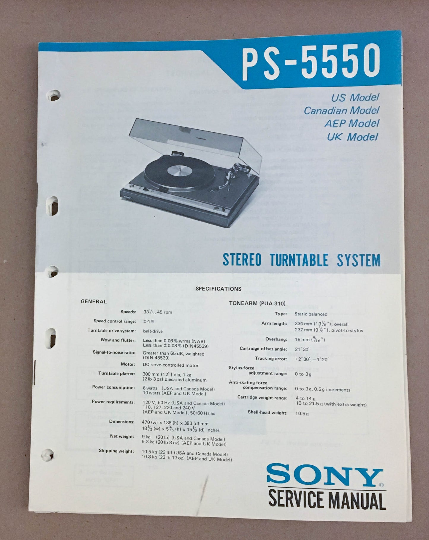 Sony PS-5550 Turntable Record Player  Service Manual *Original*