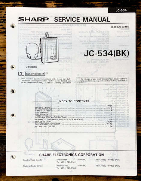 Sharp JC-534 Cassette Service Manual *Original*