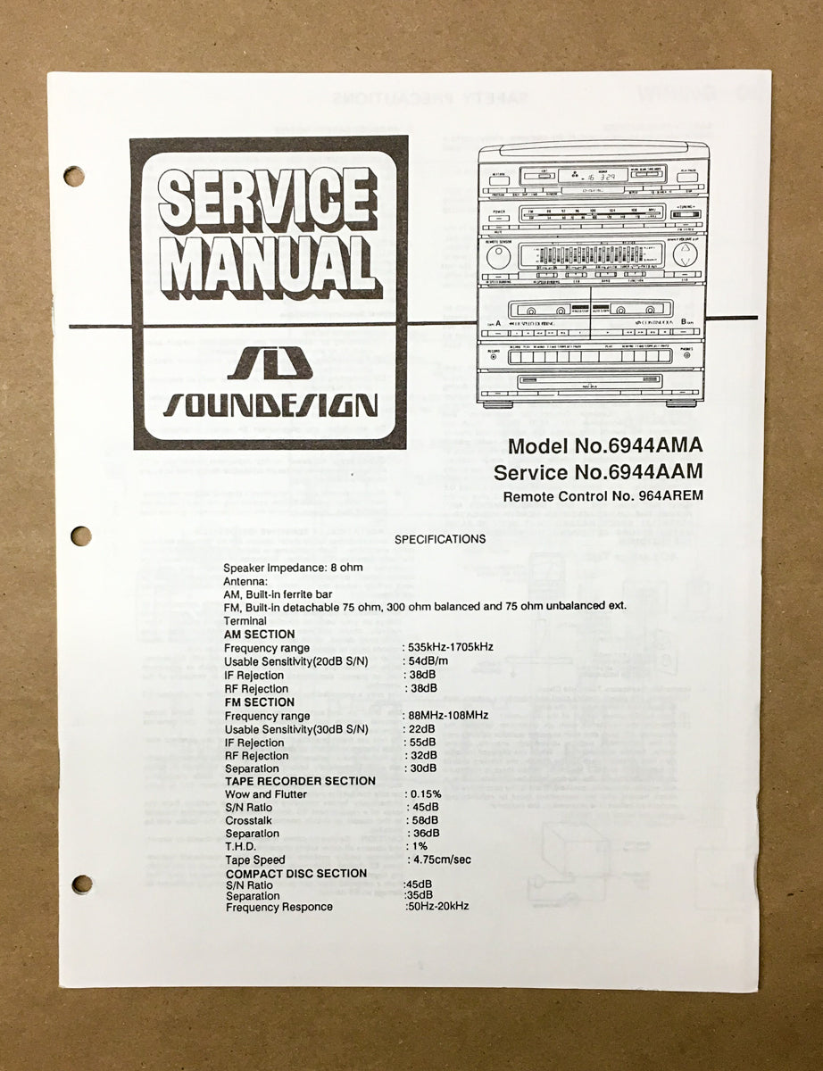 Soundesign Model 6944 6944AAM Stereo Service Manual *Original*