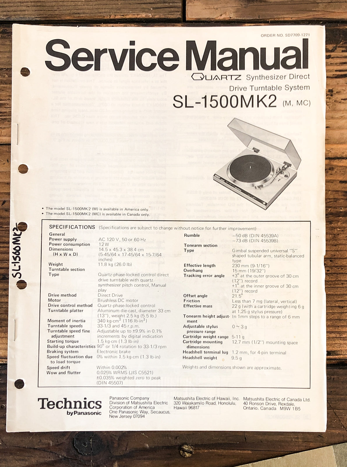 Technics SL-1500 MK2 Record Player / Turntable  Service Manual *Original*