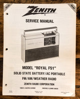 Zenith Royal F51 Radio  Service Manual *Original*