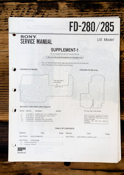 Sony FD-280 FD-285 Watchman TV Supp. Service Manual *Original*