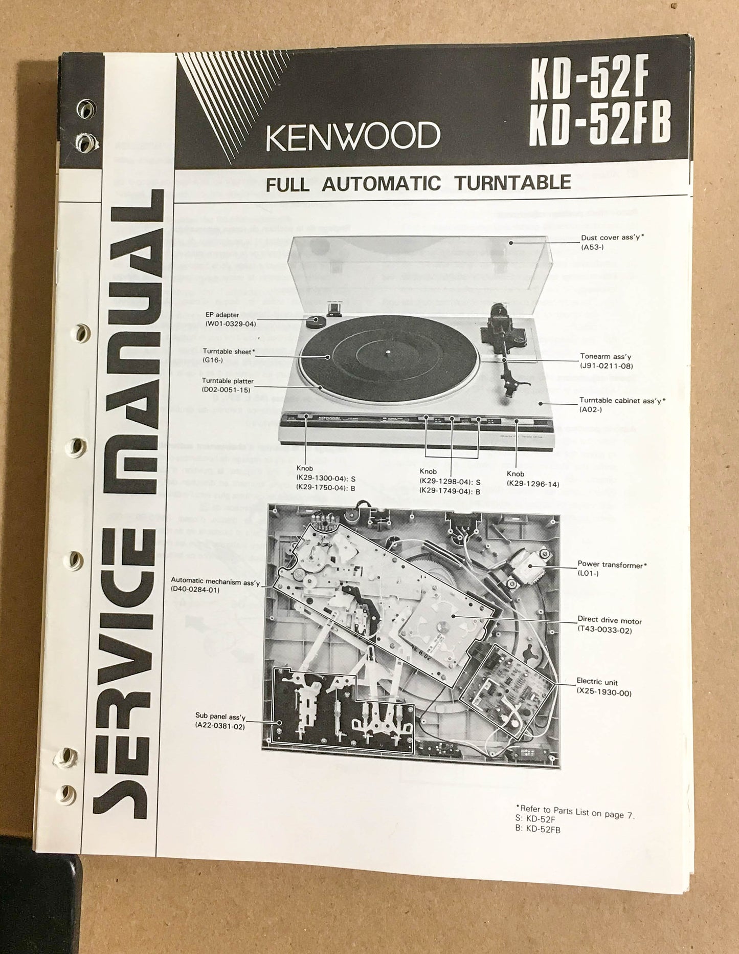 Kenwood KD-52F 52FC Turntable / Record Player  Service Manual *Original*