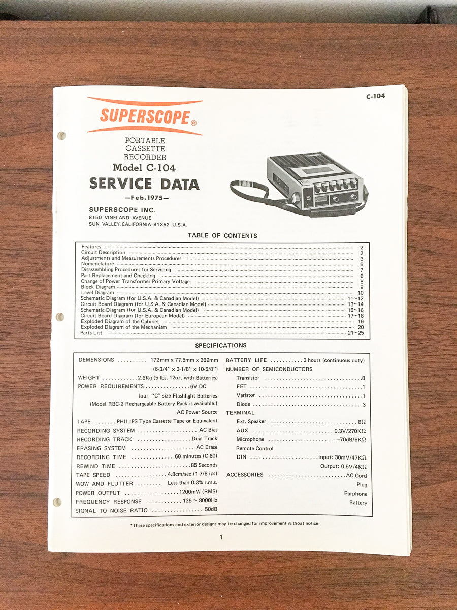 Superscope / Marantz C-104 Cassette Service Manual *Original*