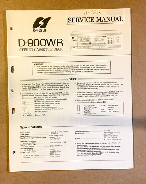 Sansui D-900WR Cassette / Tape Player Service Manual *Original* #2